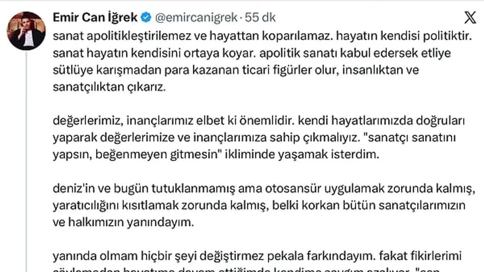 Emircan İğrek’ten Deniz Göktaş’a gözaltı sonrası destek