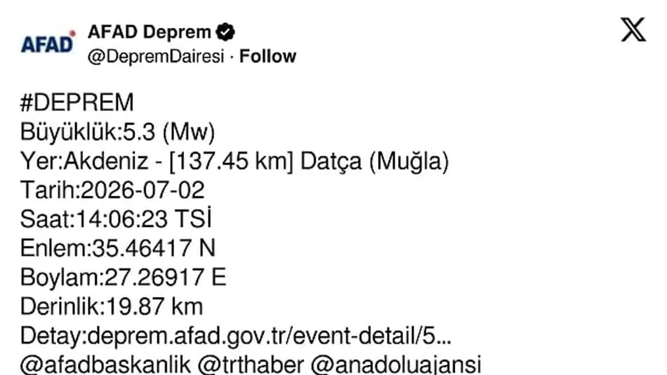 AFAD: Muğla Datça Açıklarında 5.3 Büyüklüğünde Deprem