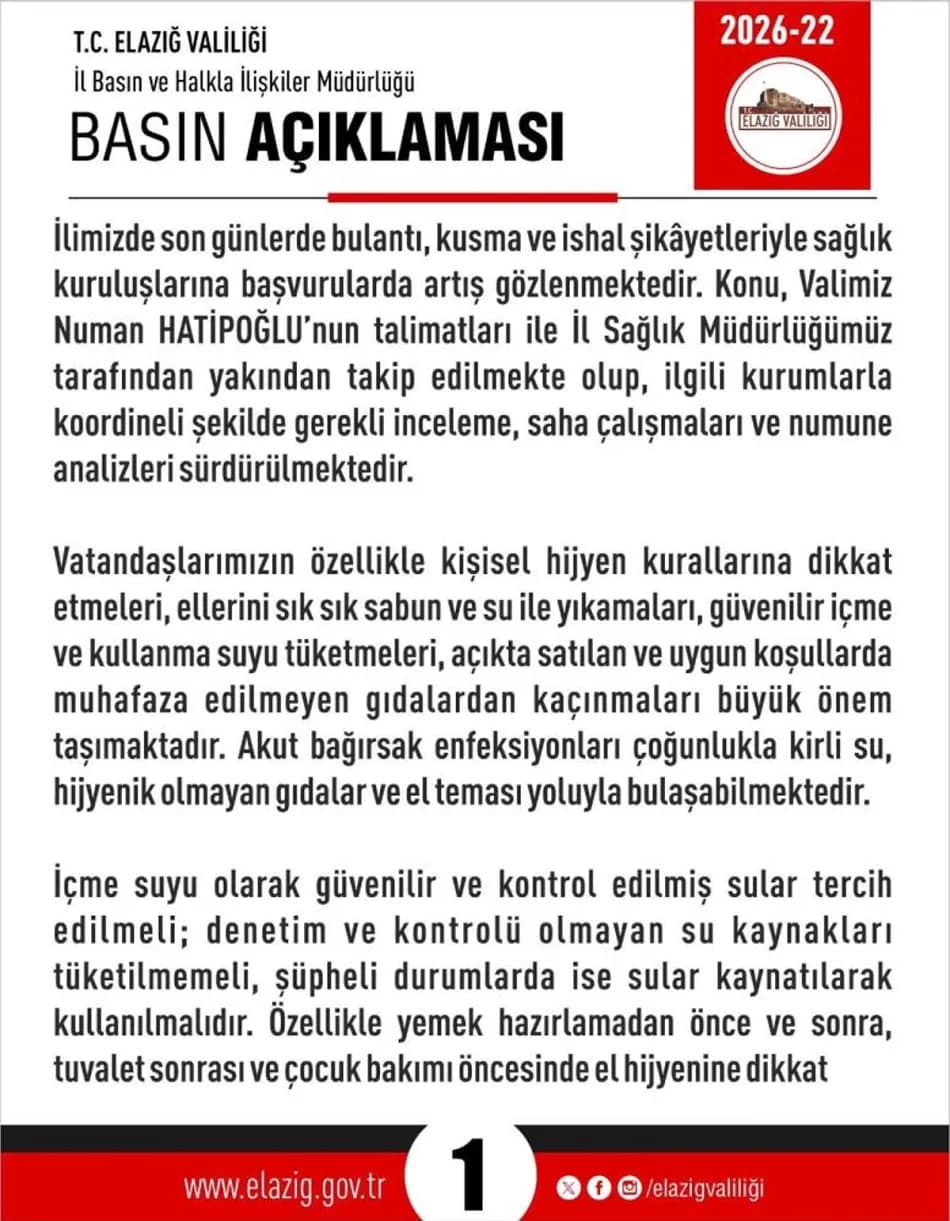 Elazığ'da bulantı, kusma ve ishal vakalarındaki artış için uyarı yapıldı