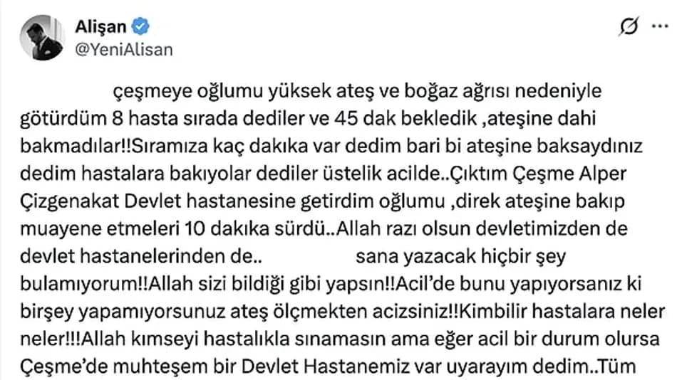 Alişan’dan Çeşme’deki özel hastaneye acil servis tepkisi