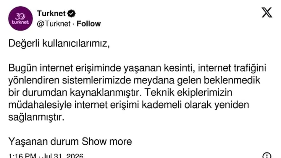TurkNet İnternet Kesintisinin Nedenini Açıkladı