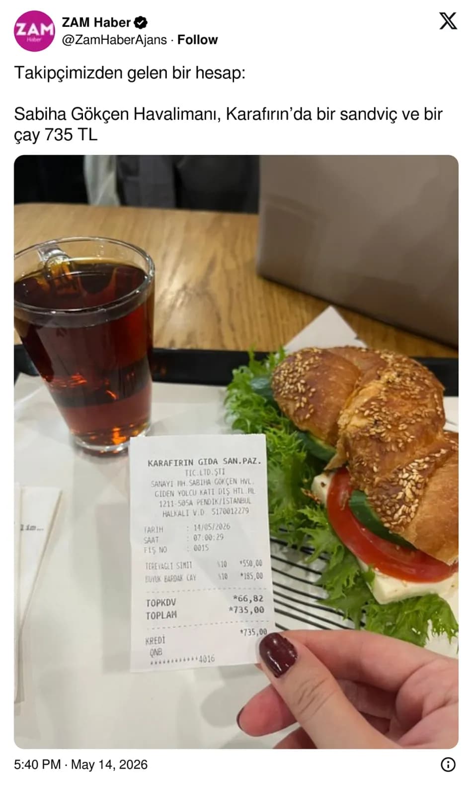 Sabiha Gökçen Havalimanı’ndaki sandviç ve çay fiyatı sosyal medyada gündem oldu