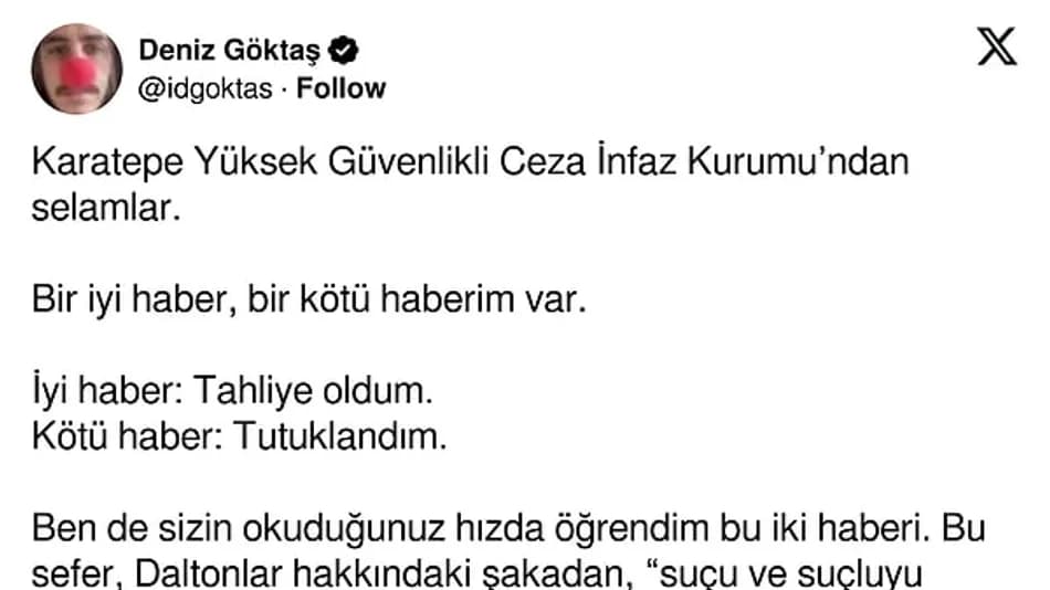 Deniz Göktaş cezaevinden yeni paylaşım yaptı