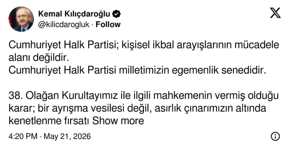 Kemal Kılıçdaroğlu'ndan karar sonrası ilk paylaşım: “Biz bir aradayız”