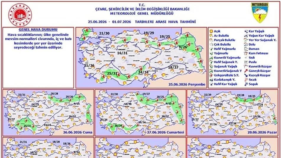 Meteoroloji 25 Haziran-1 Temmuz hava tahminini yayımladı