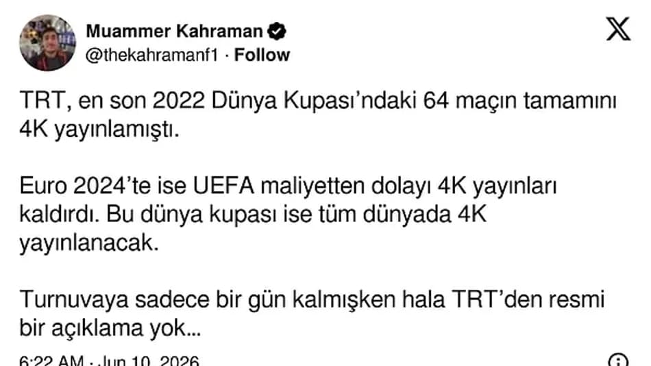 TRT’nin 2026 Dünya Kupası yayınında 4K tepkisi