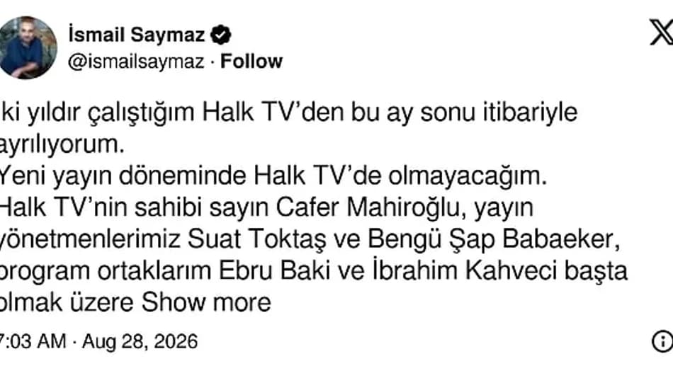 İsmail Saymaz Halk TV’den ayrıldığını duyurdu