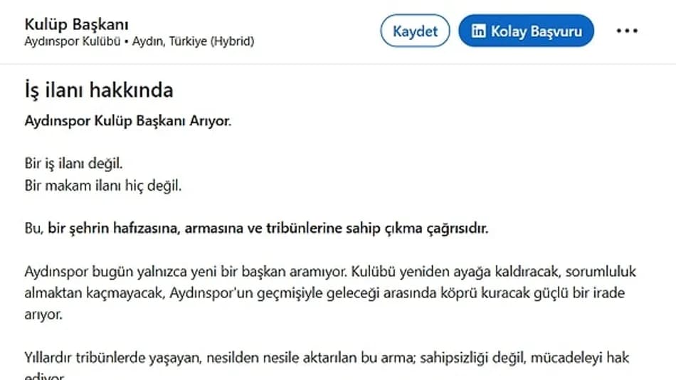 Aydınspor taraftarından LinkedIn’de kulüp başkanı ilanı
