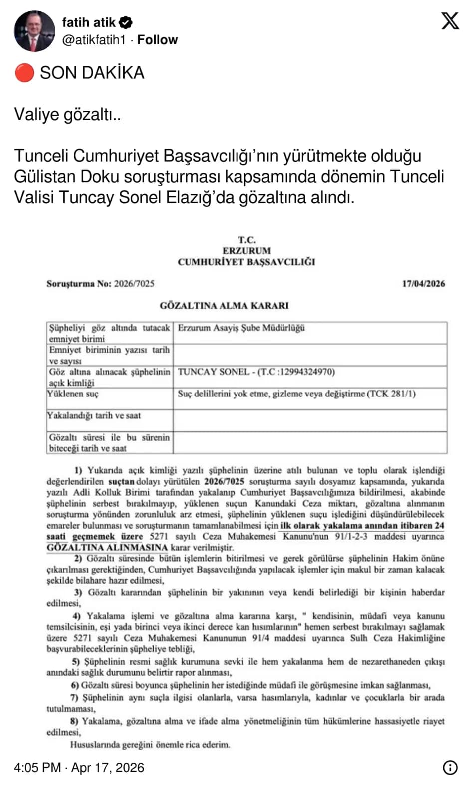 Gülistan Doku soruşturmasında Tuncay Sonel’in gözaltına alındığı iddia edildi
