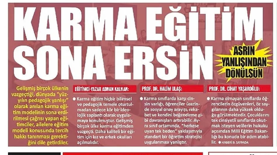 Yeni Akit’in Karma Eğitim Manşeti Tepki Çekti