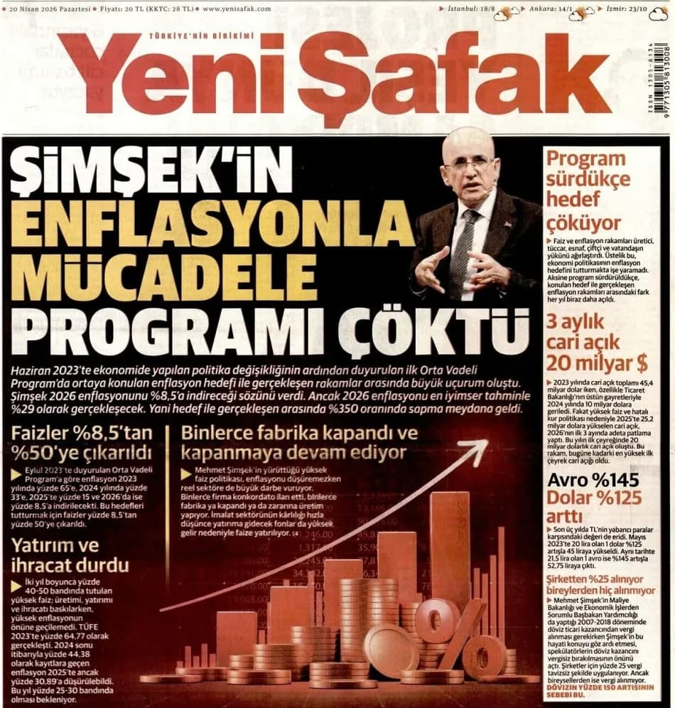 Yeni Şafak, Mehmet Şimşek'in ekonomi programını manşetine taşıdı
