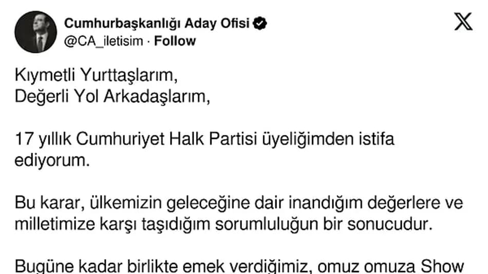 Ekrem İmamoğlu CHP’den istifa ettiğini duyurdu