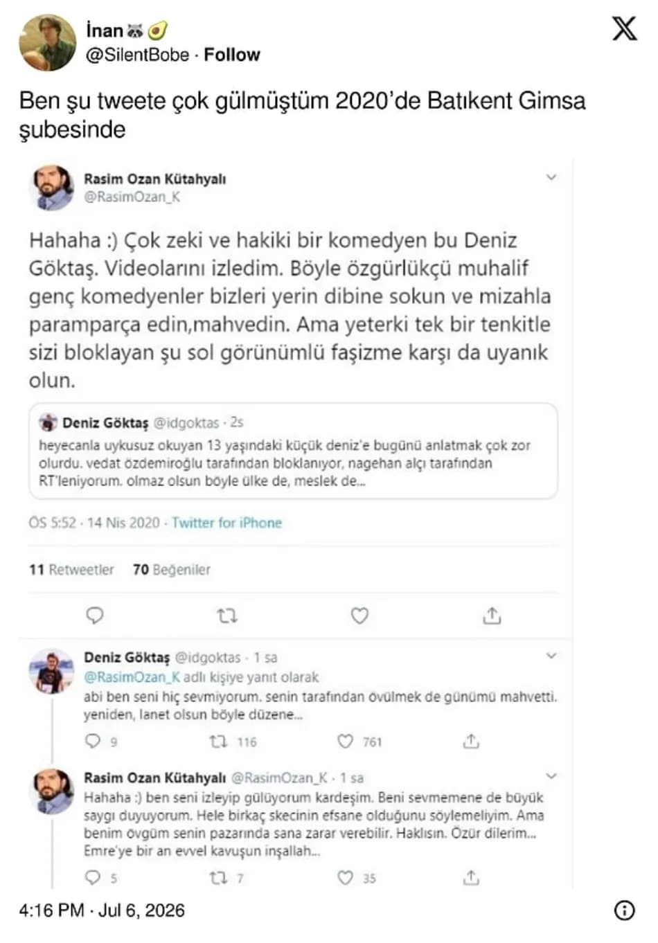 Deniz Göktaş ve Rasim Ozan Kütahyalı Yazışması Gündem Oldu