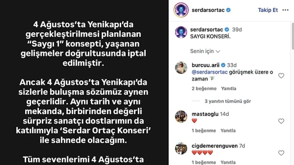 Serdar Ortaç açıkladı: Saygı1 iptal edildi