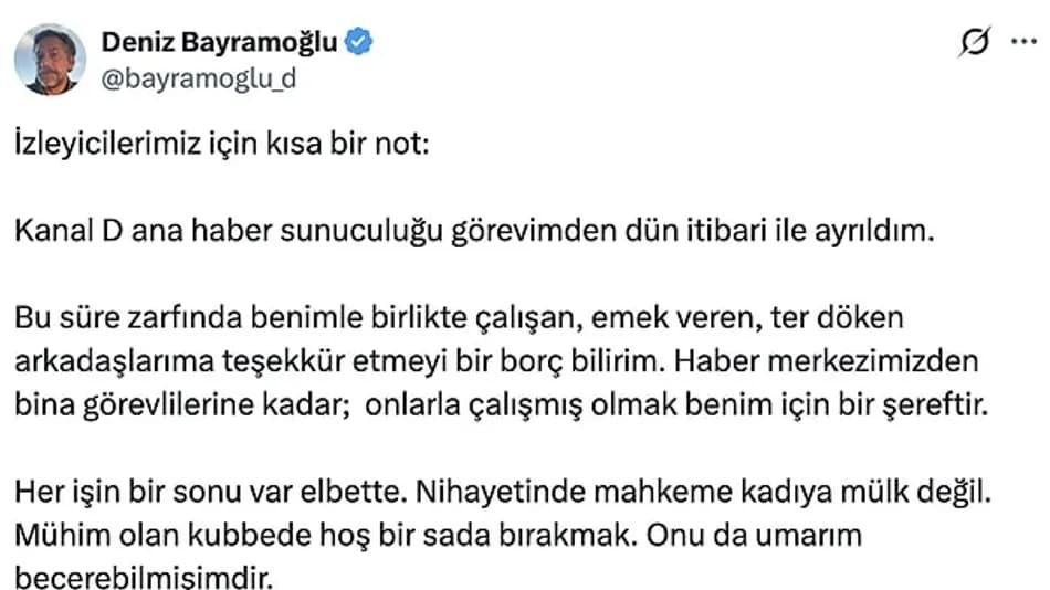Deniz Bayramoğlu Kanal D Ana Haber’den Ayrıldı