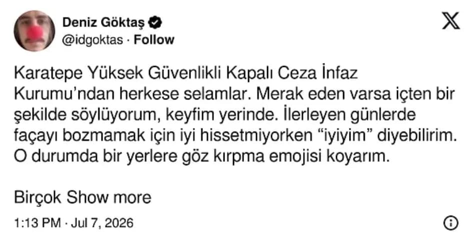 Deniz Göktaş’tan cezaevinden ilk paylaşım
